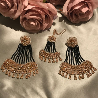American Diamond Style Statement Earring & Tikka Set - Rose Gold & Navy