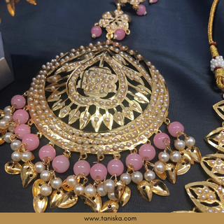 Baby Pink Traditional Punjabi Necklace Set with Sahare - Gold Plated (Jadau)