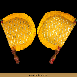 Yellow Cross Stripes Punjabi Pakhi (Hand Fans) - Pack of 2