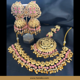 Baby Pink Traditional Punjabi Necklace Set with Sahare - Gold Plated (Jadau)