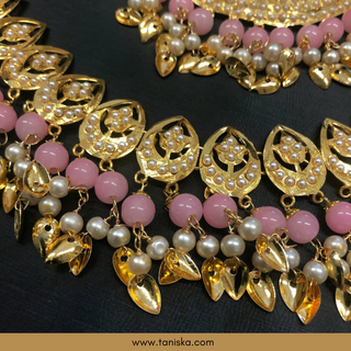 Baby Pink Traditional Punjabi Necklace Set with Sahare - Gold Plated (Jadau)