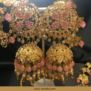 Baby Pink Traditional Punjabi Necklace Set with Sahare - Gold Plated (Jadau)