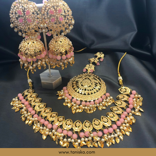 Baby Pink Traditional Punjabi Necklace Set with Sahare - Gold Plated (Jadau)