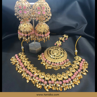 Baby Pink Traditional Punjabi Necklace Set with Sahare - Gold Plated (Jadau)