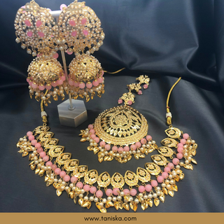 Baby Pink Traditional Punjabi Necklace Set with Sahare - Gold Plated (Jadau)