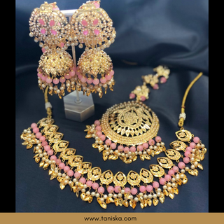 Baby Pink Traditional Punjabi Necklace Set with Sahare - Gold Plated (Jadau)