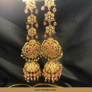 Baby Pink Traditional Punjabi Necklace Set with Sahare - Gold Plated (Jadau)