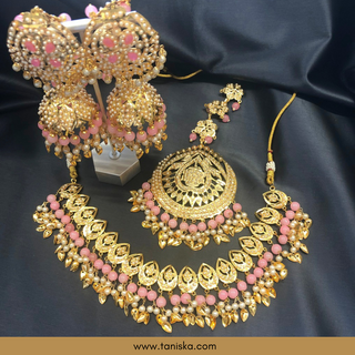 Baby Pink Traditional Punjabi Necklace Set with Sahare - Gold Plated (Jadau)