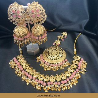 Baby Pink Traditional Punjabi Necklace Set with Sahare - Gold Plated (Jadau)