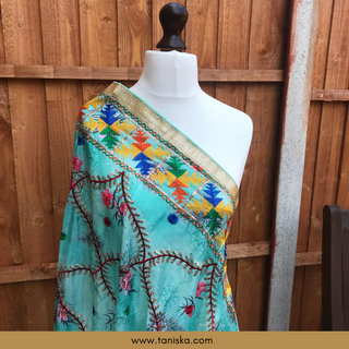Minty Blue Tone Punjabi Phulkari Dupatta