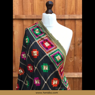 GEOBOXFLOW01-BLK Midnight Black Punjabi Phulkari Dupatta