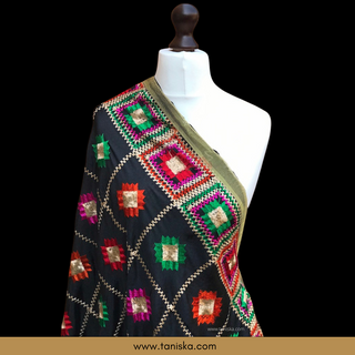 GEOBOXFLOW01-BLK Midnight Black Punjabi Phulkari Dupatta