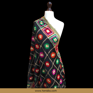 GEOBOXFLOW01-BLK Midnight Black Punjabi Phulkari Dupatta