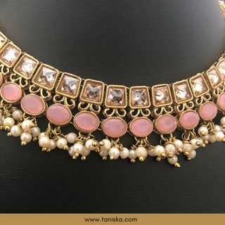 Baby Pink Traditional Necklace Set - Antique Gold