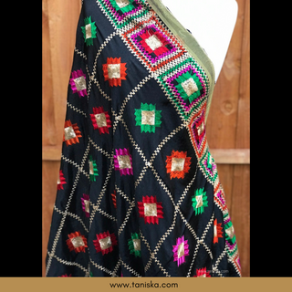 GEOBOXFLOW01-BLK Midnight Black Punjabi Phulkari Dupatta