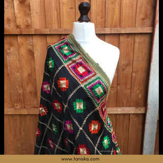 GEOBOXFLOW01-BLK Midnight Black Punjabi Phulkari Dupatta