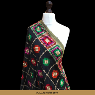 GEOBOXFLOW01-BLK Midnight Black Punjabi Phulkari Dupatta