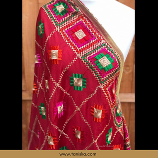 Red Punjabi Phulkari Dupatta