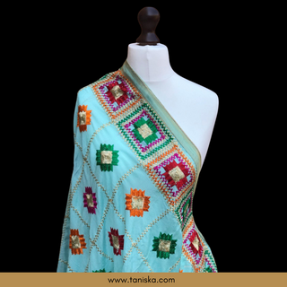 GEOMETRICALBOXED-SEAG Pastel Sea Green Minty Blue Punjabi Phulkari Dupatta