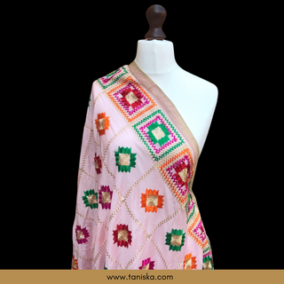 GEOMETRICALBOXED-PINK Pastel Dusky Blush Pink Punjabi Phulkari Dupatta