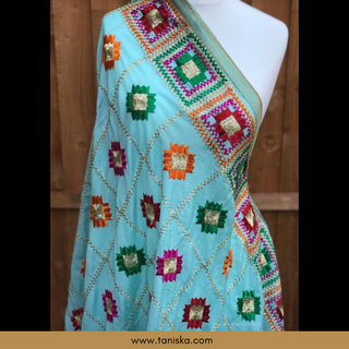 GEOMETRICALBOXED-SEAG Pastel Sea Green Minty Blue Punjabi Phulkari Dupatta