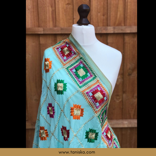 GEOMETRICALBOXED-SEAG Pastel Sea Green Minty Blue Punjabi Phulkari Dupatta