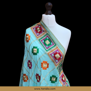 GEOMETRICALBOXED-SEAG Pastel Sea Green Minty Blue Punjabi Phulkari Dupatta