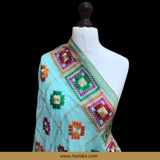 GEOMETRICALBOXED-SEAG Pastel Sea Green Minty Blue Punjabi Phulkari Dupatta