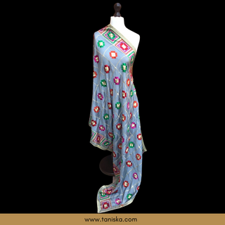 GEOMETRICALBOXED-GREY Pastel Dusky Grey Punjabi Phulkari Dupatta