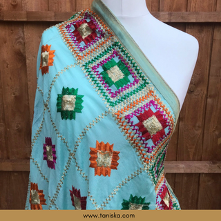 GEOMETRICALBOXED-SEAG Pastel Sea Green Minty Blue Punjabi Phulkari Dupatta