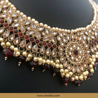 Maroon Traditional Necklace Set - Antique Gold
