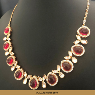 Red Kundan Traditional Necklace Set - Antique Gold