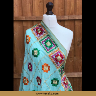 GEOMETRICALBOXED-SEAG Pastel Sea Green Minty Blue Punjabi Phulkari Dupatta