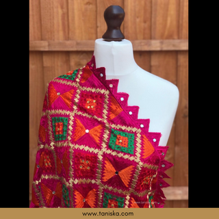Hot Pink Multi Punjabi Phulkari Dupatta