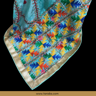 Minty Blue Tone Punjabi Phulkari Dupatta