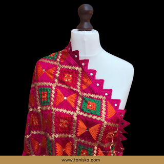 Hot Pink Multi Punjabi Phulkari Dupatta