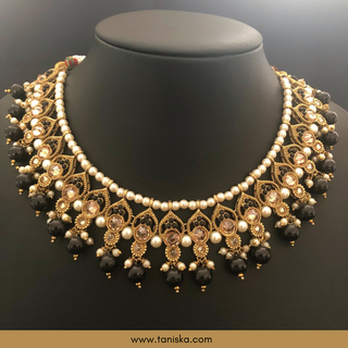 Midnight Black Traditional Necklace Set - Antique Gold