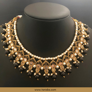 Midnight Black Traditional Necklace Set - Antique Gold
