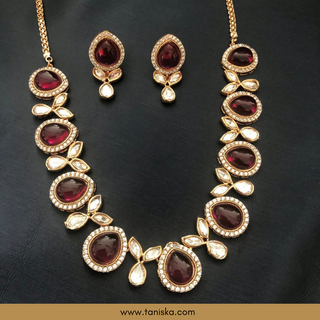 Red Kundan Traditional Necklace Set - Antique Gold