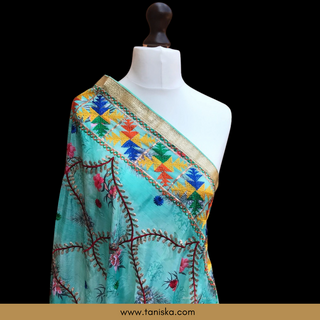 Minty Blue Tone Punjabi Phulkari Dupatta