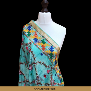 Minty Blue Tone Punjabi Phulkari Dupatta