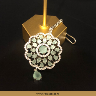American Diamond Style Earring & Tikka Set - Mint / Silver