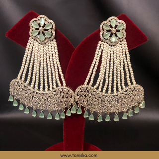 American Diamond Style Statement Earring & Tikka Set - Mint / Silver