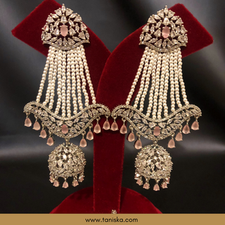 American Diamond Style, Cubic Zirconia Statement Earring & Tikka Set - Baby Pink / Silver