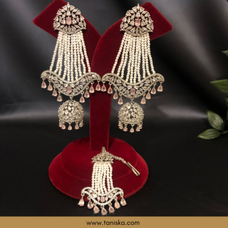 American Diamond Style, Cubic Zirconia Statement Earring & Tikka Set - Baby Pink / Silver