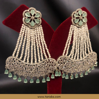 American Diamond Style Statement Earring & Tikka Set - Mint / Silver