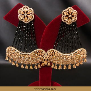 American Diamond Style Statement Earring & Tikka Set - Rose Gold & Navy