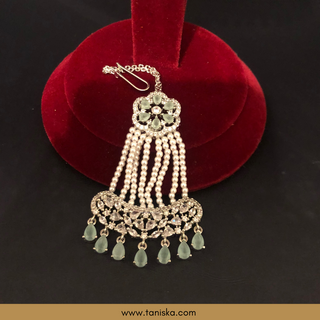 American Diamond Style Statement Earring & Tikka Set - Mint / Silver