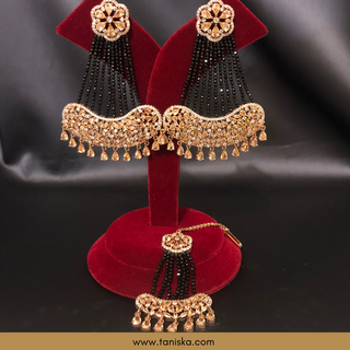 American Diamond Style Statement Earring & Tikka Set - Rose Gold & Navy