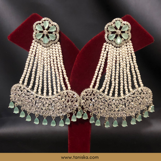 American Diamond Style Statement Earring & Tikka Set - Mint / Silver